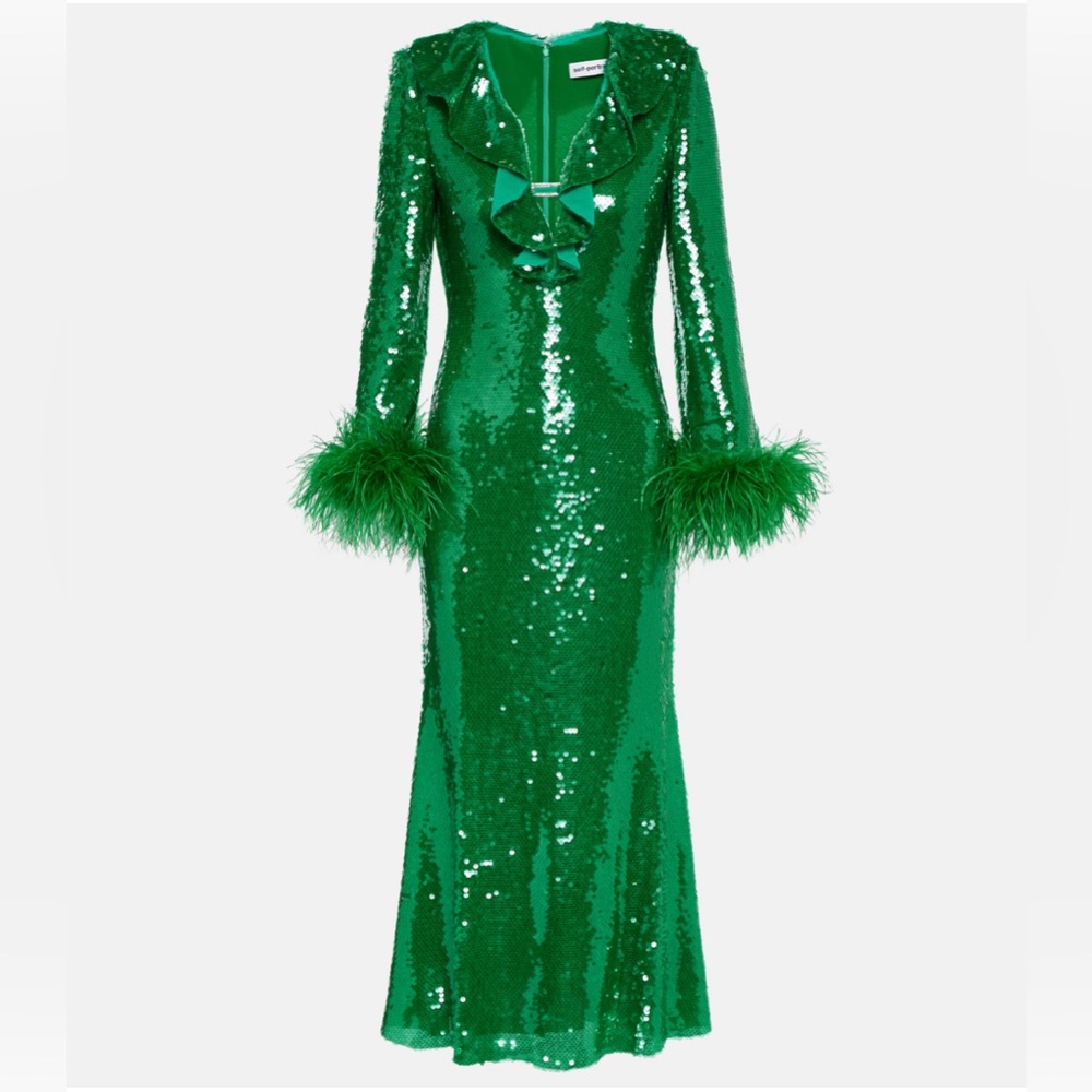 NWOT Self-Portrait Feather-Trimmed Sequined Midi Dress. Size  8 - Picture 3 of 16